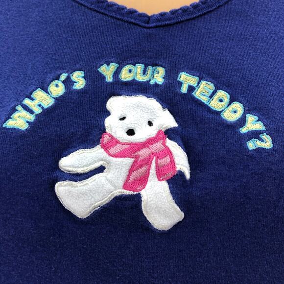 Delicates (L) Blue Who's Your Teddy? Embroidered Teddy Bear Tee Top Shirt V-Neck - Picture 3 of 8